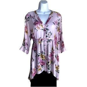 Torrid Women's Plus Size 0 Pink Floral Boho Tunic Sheer Button Up Summer Blouse